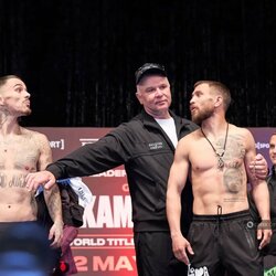 Vasilijaus Lomačenkos ir George‘o Kambosos svėrimų procedūra | Organizatorių nuotr. 2