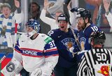 Pasaulio ledo ritulio čempionatas: muštynės, išvaryti žaidėjai ir turnyro šeimininkės Suomijos užtikrinta pergalė prieš Norvegiją