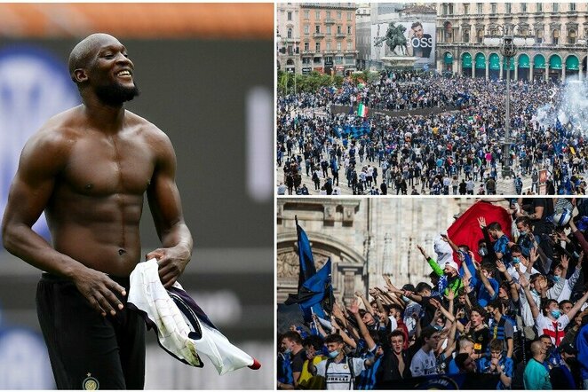 Romelu Lukaku ir švenčiantys „Inter“ fanai | Scanpix nuotr.