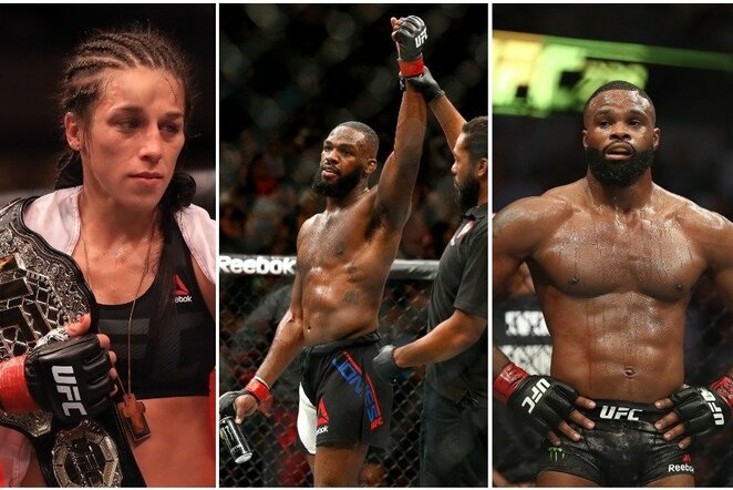 Joanna Jedrzejczyk, Jonas Jonesas ir Tyronas Woodley | Scanpix nuotr.