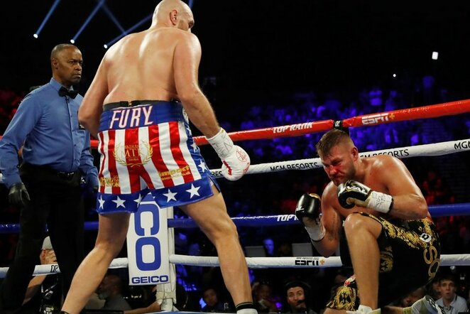 Tysono Fury ir Tomo Schwarzo kovos akimirka | Scanpix nuotr.