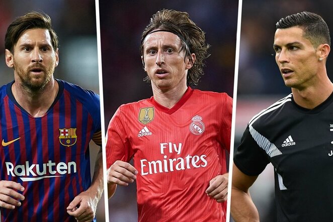 Lionelis Messi, Luka Modričius ir Cristiano Ronaldo | Organizatorių nuotr.