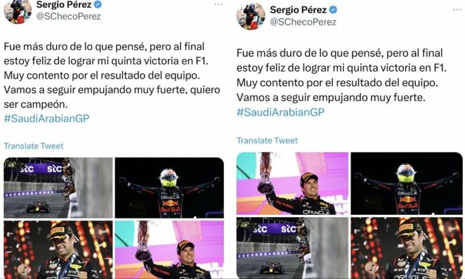 Sergio Perezo žinutės | „Twitter“ nuotr.
