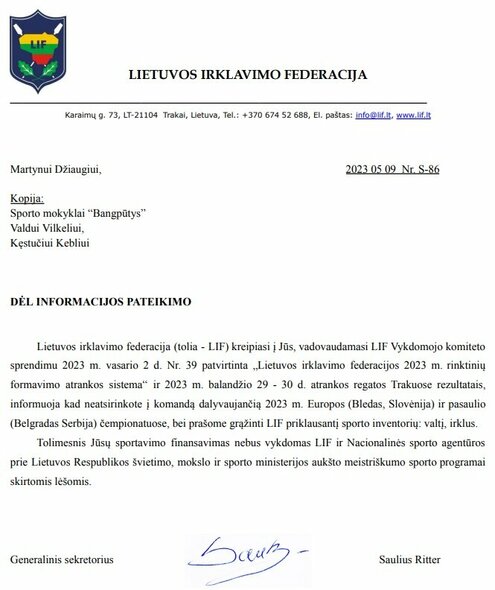 Lietuvos irklavimo federacijos sprendimas | Organizatorių nuotr.