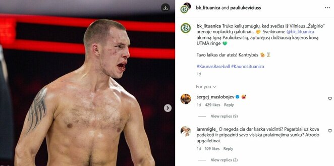&bdquo;Lituanicos&ldquo; įrašas ir Maslobojevo reakcija | Instagram.com nuotr