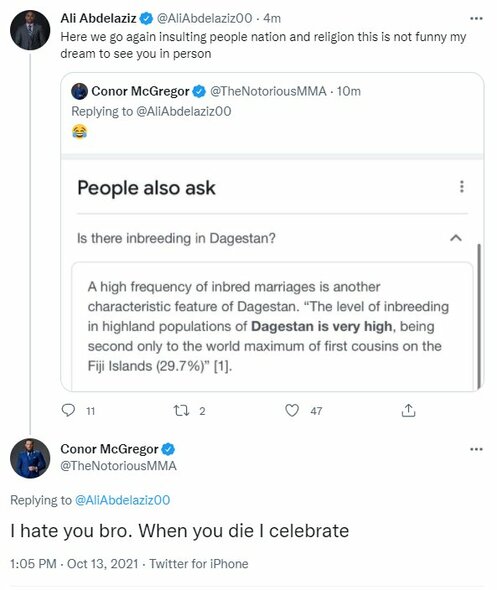 Conoro McGregoro ir Ali Abdelazizo žinutės | „Twitter“ nuotr.