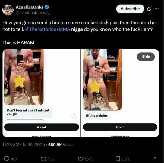 Azealios Banks įrašas, kuris vėliau tapo nepasiekiamas | „X“ nuotr.