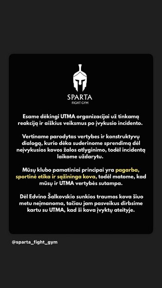 „Sparta Fight Gym“ žinutė | Instagram.com nuotr