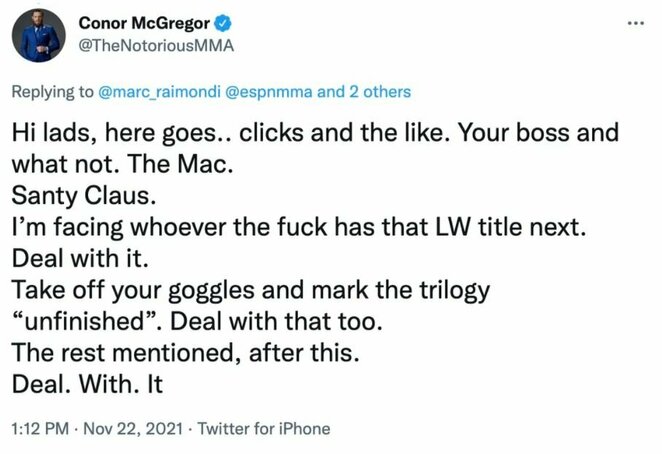 Conoro McGregoro įrašas | „Twitter“ nuotr.