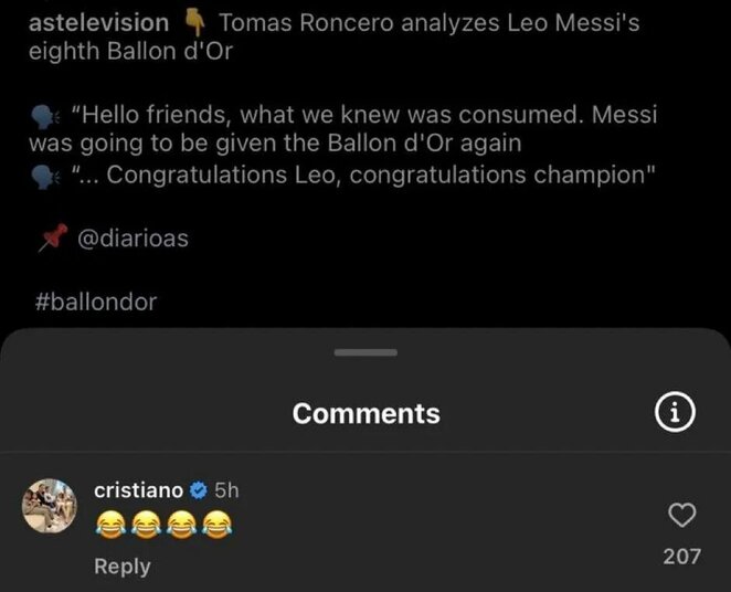 C.Ronaldo reakcija į kritiką L.Messi | Instagram.com nuotr