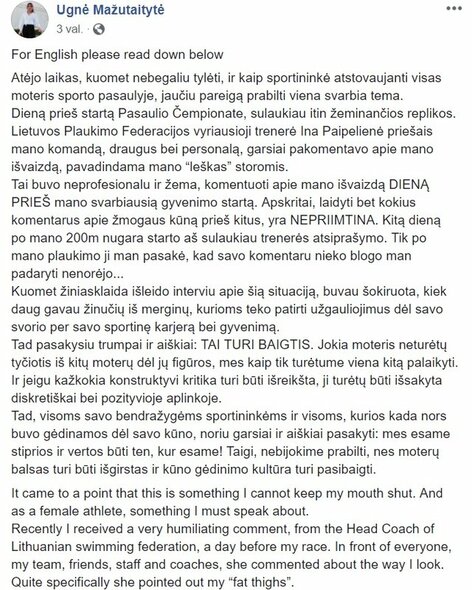 Ugnės Mažutaitytės komentaras | „Facebook“ nuotr.