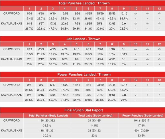 E.Kavaliausko ir T.Crawfordo kovos statistika | Organizatorių nuotr. E.Kavaliausko ir T.Crawfordo kovos statistika | Organizatorių nuotr.